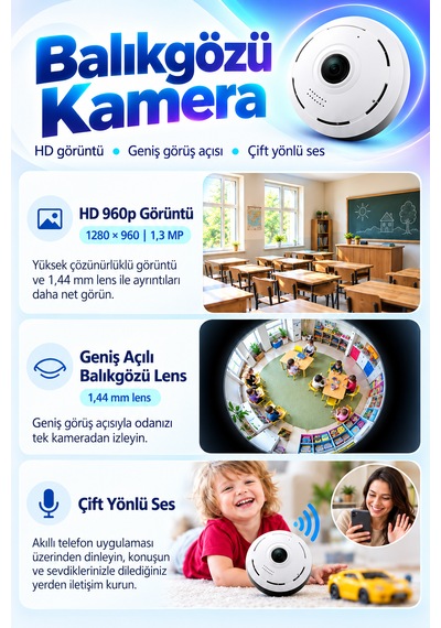 Wifi Balık Gözü Lensli Panoramik Gece Görüşlü Sesli Konuşma Özellikli Sesli Alarmlı Güvenlik Kamerası