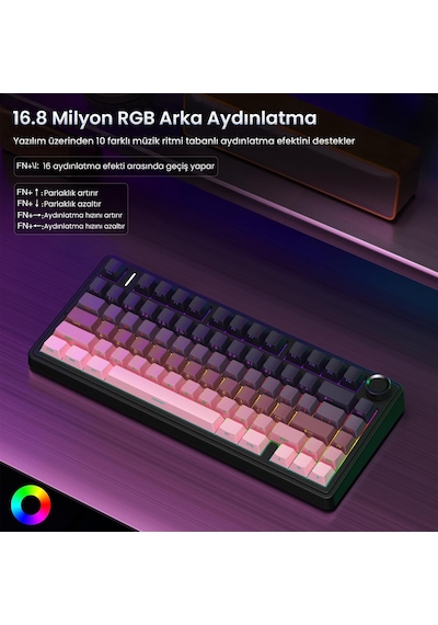 Aula F75 Mekanik Rgb Tkl Reaper Switch Kablosuz Makrolu Hot Swap Klavye Gradyan Pembe