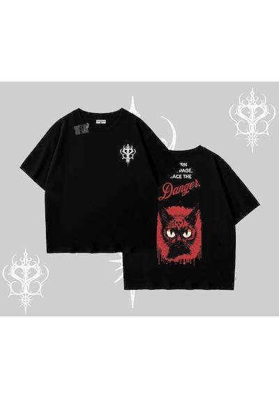 Tarzsokak Gotik Kedi Arka Baskılı Oversize Tshirt Siyah
