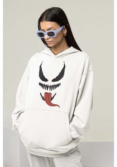 Sevbano Tasarım Venom Karakter Baskılı Unisex Oversize Hoodie Beyaz