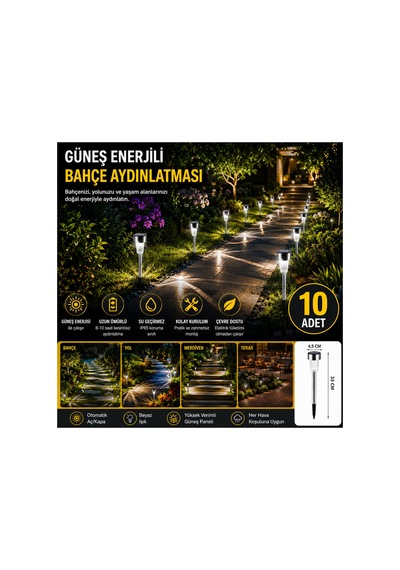 Güneş Enerjili Solar Lamba Bahçe Aydınlatması 10'lu Metal Yapı İle Kolay Kullanım