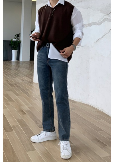 Erkek V Yaka Oversize Süveter Kahverengi