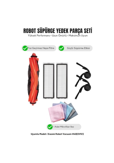 Robot Vacuum H40 Ov51 İle Uyumlu 1 Ana Fırça 2 Yan Fırça 2 Filtre 1 Temizlik Bezi 11.0