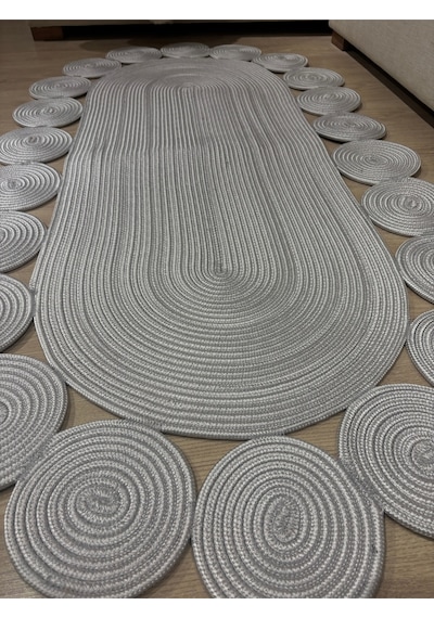 Mavaux Oval Papatya Hasır Jüt Çiçek Desenli Kilim Halı Gri