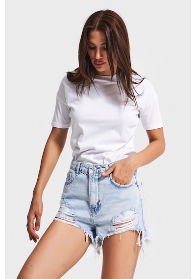Itsbasic Kadın Ice Kot Rengi 12s5-3 Mini Boy Yüksek Bel Curved Yırtık Detaylı Püsküllü %100 Koton Denim Şort Ice Rengi