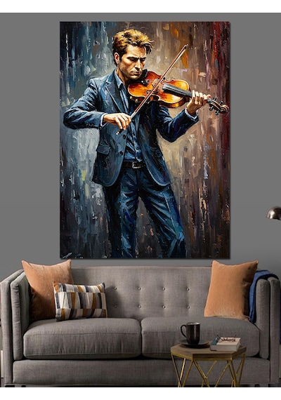 Ahşap Tablo Keman Çalan Mavi Giysili Adam