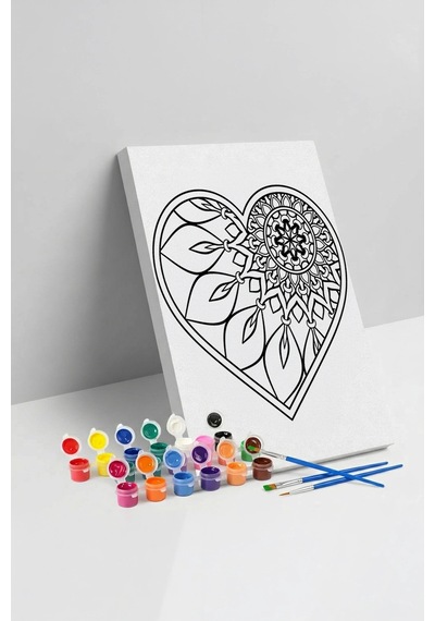 Yapraklı Kalp Desenli Mandala Ahşap Boyama Seti 40x50 Cm