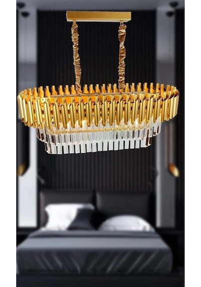 Roza Varaklı Gold 75x35 Cm Lik Kristal Taşlı Lüks Avize - Yatak Odası - Salon - Mutfak - Hol Altın