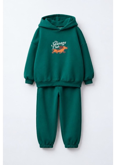 Monila Erkek Çocuk Yeşil Kapüşonlu Köpek Baskılı Pamuklu Sweatshirt Ve Yeşil Eşofman Alt Üst Takım