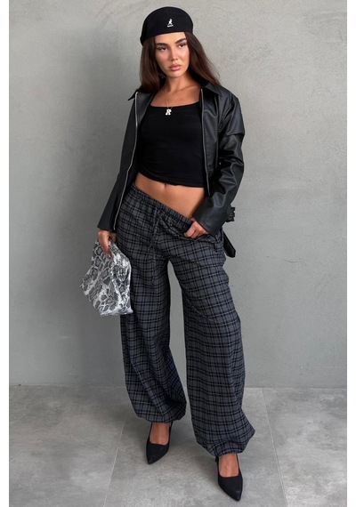Madmext Siyah Ekose Desenli Beli Lastikli Balon Pantolon Mg2905