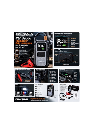 1200a Akü Takviye Cihazı 150 Psı Hava Kompresörlü Powerbank Led Fener 4 Ü 1 Arada