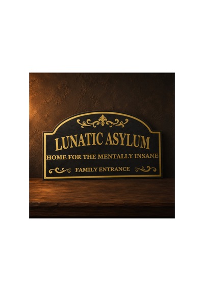 Lunatic Asylum Yazılı Esprili Kapı Tabelası Gotik Dekoratif Duvar Süsü 3d Baskı Siyah Gold