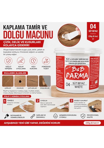 B&b Farma Kaplama Tamir Ve Dolgu Macunu 230 Gr Süt Beyaz Ahşap Tamir Macunu Çizik, Delik Ve Çatlak Onarıcı 400 Ml