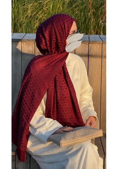 Qalortex Scarf Premium Pamuklu Jakar Şal-bordo