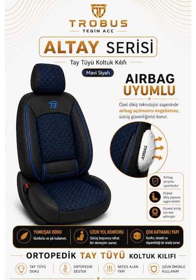 Peugeot 305 1977 1989 Uyumlu Altay Bel Destekli Tay Tüyü Oto Koltuk Kılıfı Siyah Mavi