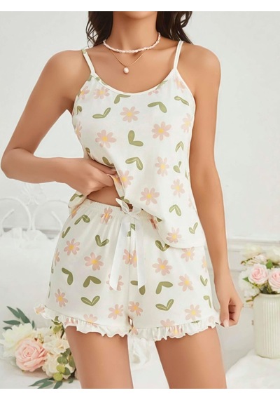 Mr Owl Kadın Ekru Çiçek Baskılı Şortlu Pijama Takımı
