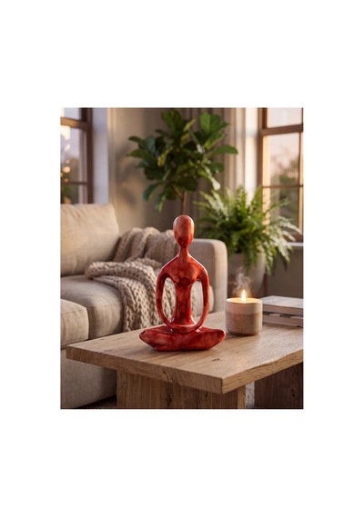 Dekoratif Yogacı Heykeli Kırmızı 23x14 Cm Meditasyon Yoga Figürü, Modern Biblo Ve Masaüstü Dekor Objesi