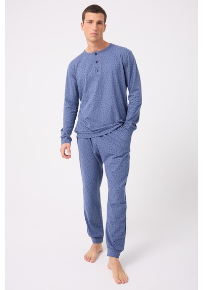 L'espadon Oceanripple Premium Örme Pamuk Uzun Kollu Henley & Uzun Pantolonlu Erkek Pijama Takımı-3225 Mavi