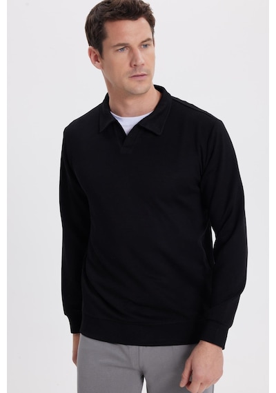 Tudors Erkek Relax Fit Rahat Kesim Polo V Yaka Siyah Sweatshirt-41922 Siyah