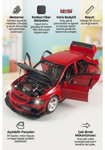 Hobiez World 1:24 Lisanslı Metal Mitsubishi Lancer Evolution Ix Kapısı Kaputu Ve Bagajı Açılan Model Araba Kırmızı