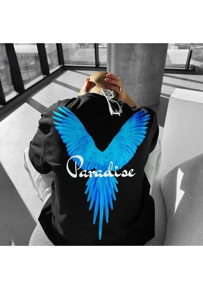 Startmore Unisex Büyük Beden Paradise Baskılı Oversize Siyah