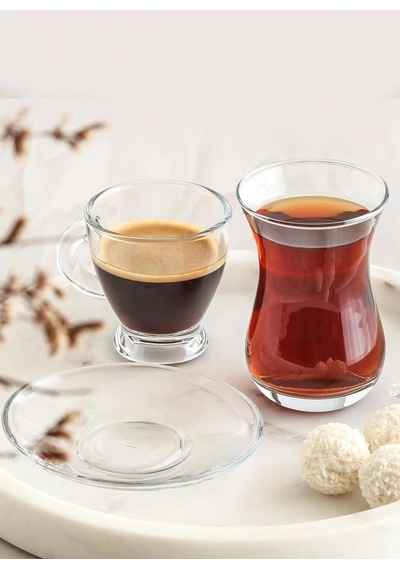 Lav Sohbet 18 Parça Set - Çay Bardağı Tabağı Kahve Fincanı Seti Takımı Şeffaf