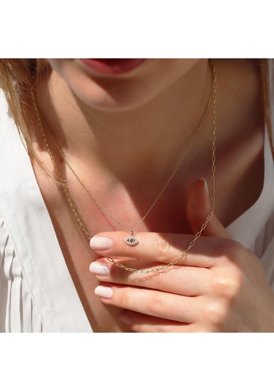 Göz Modeli 2 Zincirli Gold Kaplama Trend Gümüş Kolye Gümüş