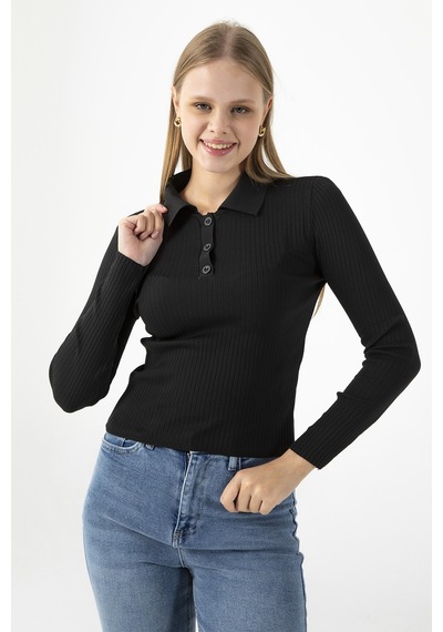 Giysa Kadın Polo Yaka Düğme Detaylı Fitilli Triko Body Siyah - 25k 2057 Siyah