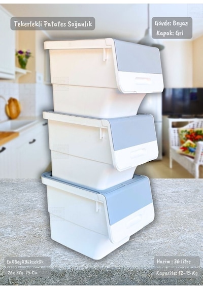 3'lü Tekerlekli Patateslik Soğanlık Bpa Free Oyuncaklık Erzak Kutusu Sebzelik Gri 36 Lt Gri Beyaz