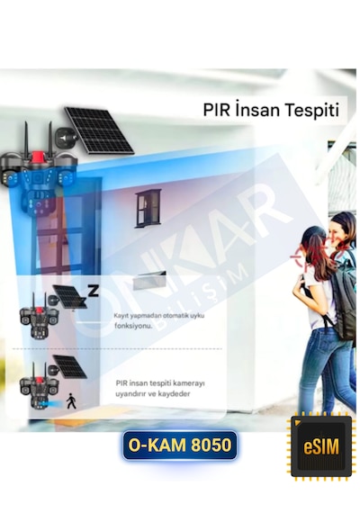 O-kam 8050 9mp Lens 3 Kamera 4g Esim Destekli Solar Güneş Enerjili Akıllı Güvenlik Kamerası
