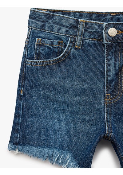 Koton Pamuklu Cepli Püsküllü Taş Detaylı Denim Şort Orta İndigo 6skg40124ad
