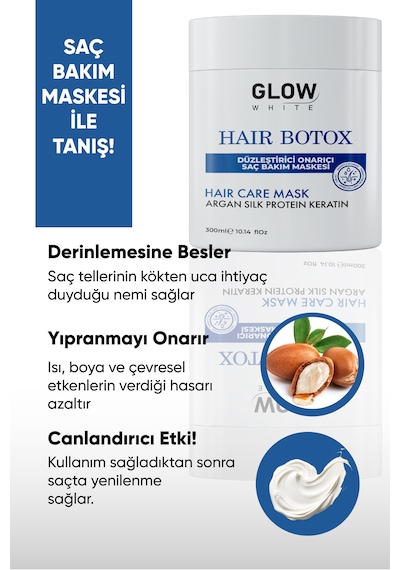 Glow Whıte Keratin Saç Botoksu Argan, Keratin Ve İpek Proteinli Yoğun Bakım Maskesi 300 Ml