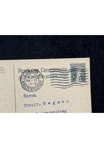 1919 Yılından Antiye İsviçre Helvetia 7 1/2 Franco William Tell's Son Pullu Resmi Yazışma Akol Yönetim İdaresine Üsteğmene Gönderilmiş  Teşhir Ürün