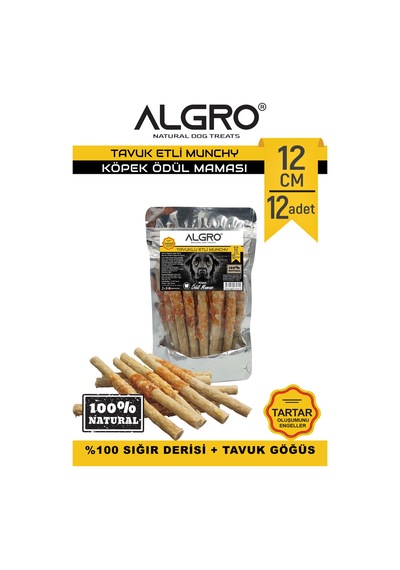 Algro Tavuklu Munchy Sticks Tavuk Göğüs Sarmalı Köpek Ödülü 12 CM 6 x 12'li