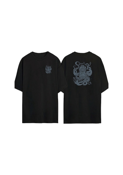 Thewert Unisex Sualtı Dalış Kask Çizim Ön Arka Baskılı Sıyah Oversize T-shirt Siyah