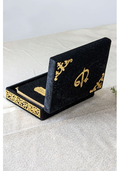 Canım Babam - Babalar Günü Hediyesi - Elif Vav Pleksi Süslemeli Hediyelik Kadife Kaplı Kutulu Kuranı Kerim - Siyah