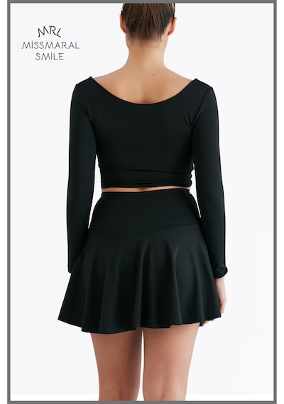 Missmaral Siyah Yüksek Bel Volanlı Şortlu Spor Etek Deniz Şortu Skirt With Shorts 1101 Siyah