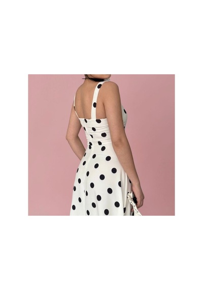 Fleurs Chic Puantiyeli Maxi Elbise Ekru