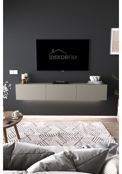 Df17103 3 Dolaplı Duvara Monte Tv Ünitesi 180 Cm Modern Askılı Dekoratif, Şık Stilde Tv Sehpası Gri