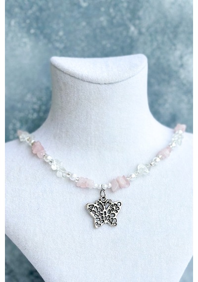 Pembe Kuvars Ve Kristal Kuvars Kelebek Kolye Standart