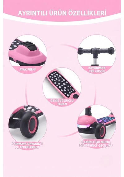 Işıklı Ve Müzikli 3 Modlu Yönlendirilebilir T-bar Sistemli 4 Farklı Yükseklik Ayarlı Çocuk Scooter Çok Renkli