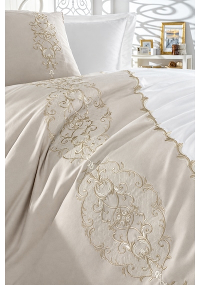 Dantela Elegance Nakışlı Pamuk Saten Çift Kişilik Nevresim Takımı Beyaz Bej