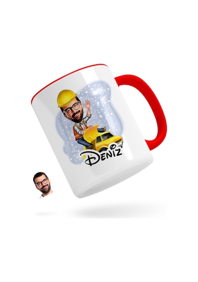 Kişiye Özel Erkek Yol Mühendisi Karikatürlü Kırmızı Kupa Bardak-1