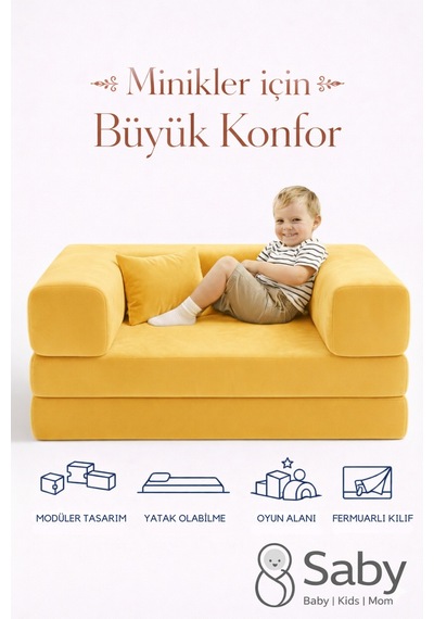 Premium 140x70 Cm Modüler Çocuk Ve Genç Koltuğu Yatak Olabilen Sünger Oyun Alanı Yıkanabilir Kılıf Sarı