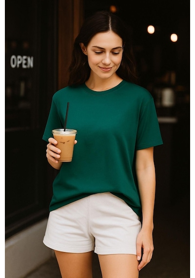 Kadın Yeşil %100 Pamuk Oversize Basic Tişört Rahat Kalıp Relaxed Bisiklet Yaka T-shirt Çok Renkli