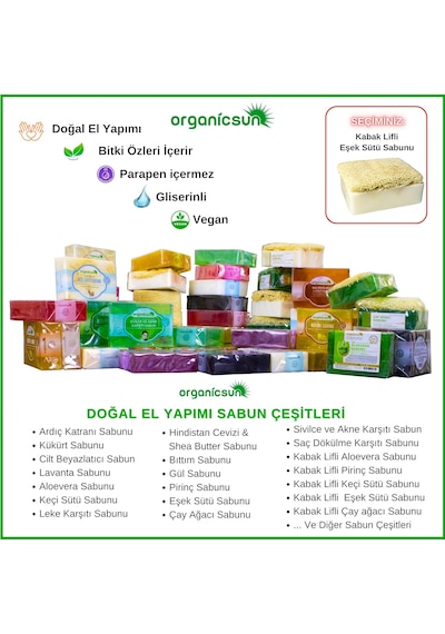 Organicsun Doğal Kabak Lifli Eşek Sütü Sabunu 120 Gr X 3 Adet Tüm Cilt Tipleri İçin Kırışıklık Ve Yaşlanma Karşıtı B Ve E Vitaminli Diğer