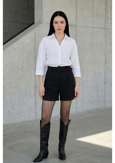 Kadın Beyaz Oversize Fit Düğmeli 3/4-truvakar Kol Fisto Yaka Dokuma Rahat Kesim Uzun Kadın Gömlek Bluz Beyaz