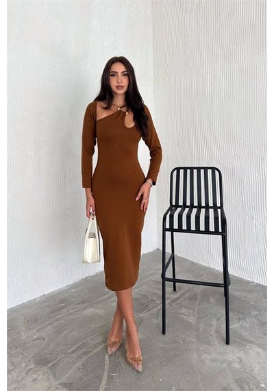 Dip Moda Kadın Likralı Midi Boy Triko Elbise Dpnbk2219 Taba