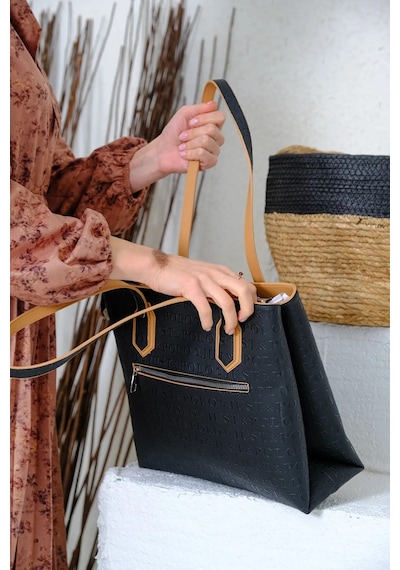 Just Polo Kadın Gofraj Baskılı Büyük Boy El Çantası 4028 Siyah - Camel 09084110