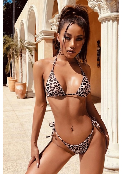 Kadın Leopar Desenli Yandan Bağlamalı Bikini Mayo Takımı Çok Renkli